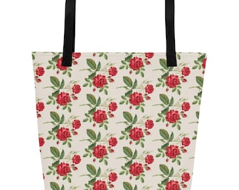 Red Floral Botanical Large Tote Bag, Beach Travel Carryall