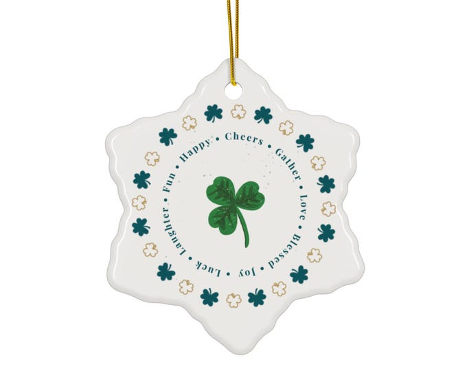 Ceramic Shamrock Ornament, Holiday Home Decor, Festive Keepsake, Gold String
