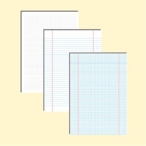 Può includere: Tre fogli di carta con diversi motivi: puntinato, a righe e a quadretti. La carta puntinata è in alto, seguita dalla carta a righe con linee di margine rosse e dalla carta a quadretti con linee a griglia blu.