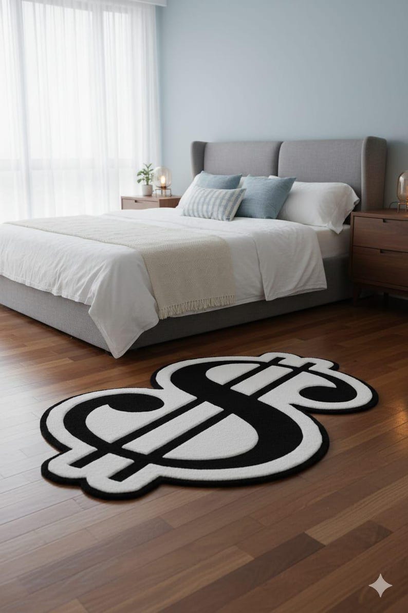 Luxury Hand Tufted Dollar Sign Rug – Black & White Money Symbol Wool ...