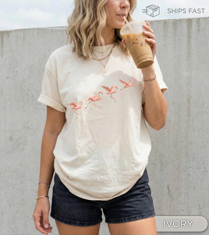 Flamingo Shirt for Women, Cute Animal Tee, Summer Graphic Shirt, Beach Vacation Outfit, Gift for Her, Coastal Style Shirt, Aesthetic Womens image 3