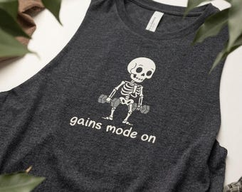 Gains Mode On Crop Tank Top, Funny Gym Shirt Women, Skeleton Workout Tank, Lifting Shirt, Gym Girl Gift, Fitness Tank Top, Workout Top