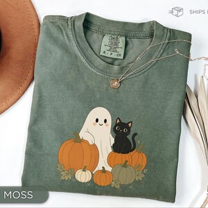 Halloween Pumpkin Shirt, Cute Ghost Black Cat Comfort Colors Tee, Pumpkin Patch Shirt, Spooky Season Gift for Cat Lover Women, Fall Tee