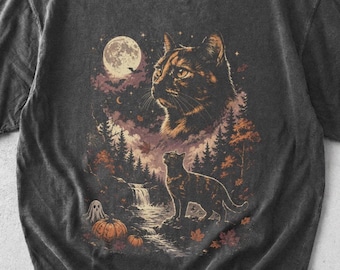 Halloween Cat Shirt, Black Cat T Shirt, Spooky Cat Lover Tee, Vintage Fall Pumpkin Shirt, Cozy Witchy Cat Mom Autumn Forest Gift Tee