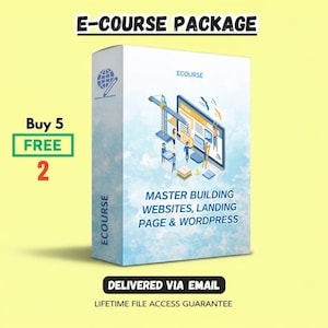 May include: A white E-COURSE PACKAGE box with the text "E-COURSE PACKAGE" at the top. The box features an illustration of website construction and the text "MASTER BUILDING WEBSITES, LANDING PAGE & WORDPRESS". The offer is "Buy 5 FREE 2".
