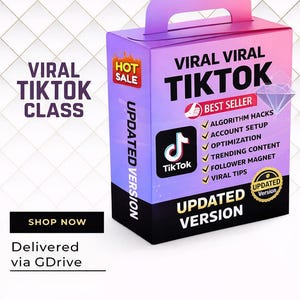 Può includere: Una scatola viola e rosa con le scritte "VIRAL TIKTOK CLASS" e "VERSIONE AGGIORNATA". La scatola presenta il logo di TikTok ed elenca argomenti come trucchi dell'algoritmo e contenuti di tendenza. È visibile un adesivo "HOT SALE".