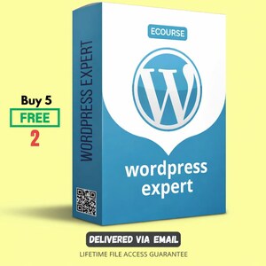 May include: A blue and white box with the text "WORDPRESS EXPERT" and a large "W" logo. The box also includes the text "wordpress expert" and "DELIVERED VIA EMAIL". A green box states "Buy 5 FREE 2".