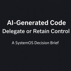 May include: A dark background with white text that reads "AI-Generated Code Delegate or Retain Control A SystemOS Decision Brief."