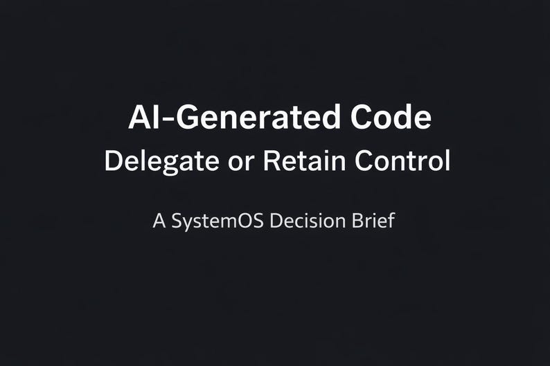May include: A dark background with white text that reads "AI-Generated Code Delegate or Retain Control A SystemOS Decision Brief."
