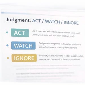 May include: A white paper with the title "Judgment: ACT / WATCH / IGNORE". The paper has three colored boxes: ACT in teal, WATCH in blue, and IGNORE in gold. Each box has a short description below it.