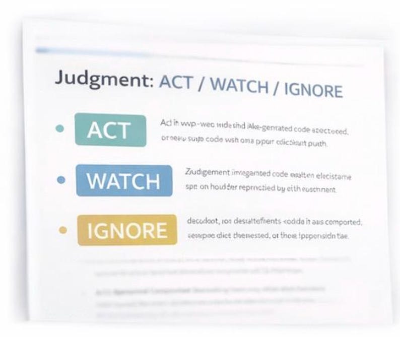 May include: A white paper with the title "Judgment: ACT / WATCH / IGNORE". The paper has three colored boxes: ACT in teal, WATCH in blue, and IGNORE in gold. Each box has a short description below it.