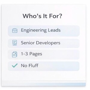 May include: A white graphic with the text "Who's It For?" and a list of options: "Engineering Leads," "Senior Developers," "1-3 Pages," and "No Fluff." Each option is in a light blue rectangle with a corresponding icon.