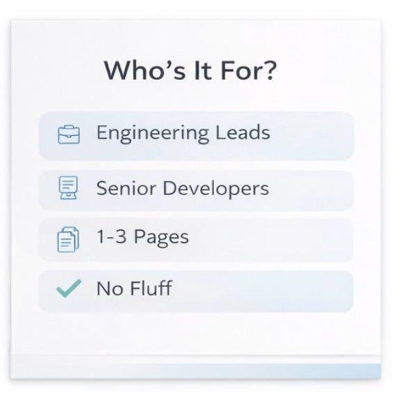 May include: A white graphic with the text "Who's It For?" and a list of options: "Engineering Leads," "Senior Developers," "1-3 Pages," and "No Fluff." Each option is in a light blue rectangle with a corresponding icon.