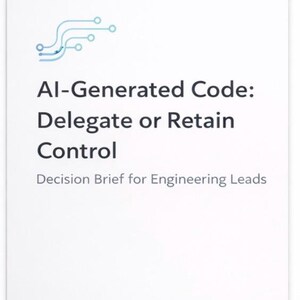 May include: A white document with the title "AI-Generated Code: Delegate or Retain Control" and the subtitle "Decision Brief for Engineering Leads." The document has a blue graphic in the upper left corner.