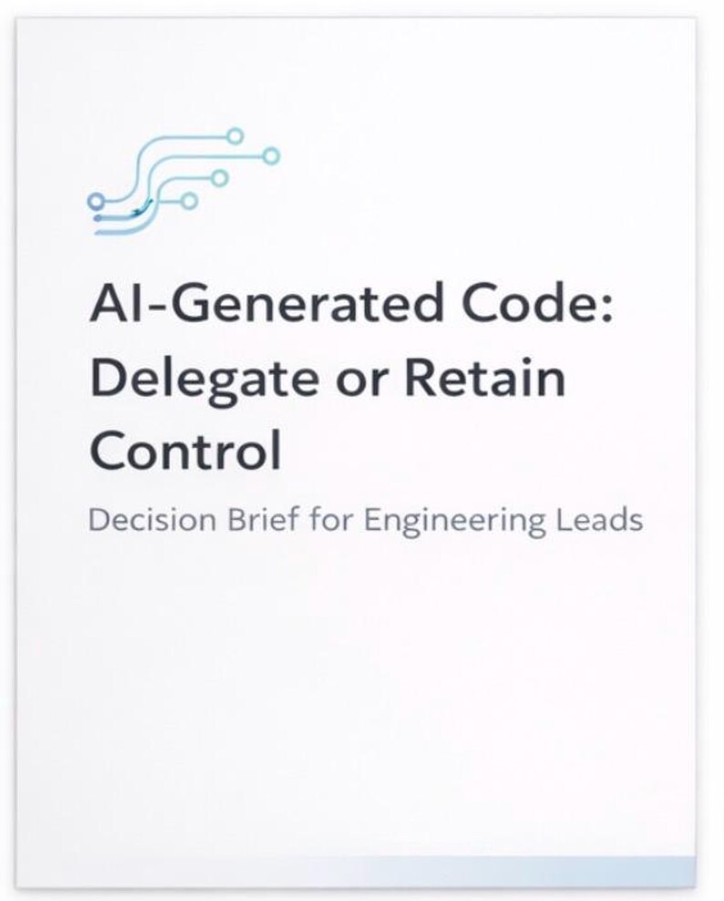 May include: A white document with the title "AI-Generated Code: Delegate or Retain Control" and the subtitle "Decision Brief for Engineering Leads." The document has a blue graphic in the upper left corner.