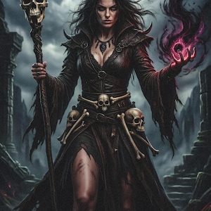 May include: Digital art of a woman in a dark fantasy setting. She wears a black leather outfit with skull and bone accents, holding a staff topped with a skull. The image includes the text "Technomancer" and "Raven Stone".