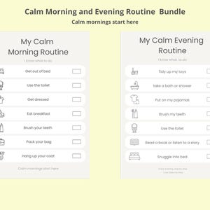 Op de afbeelding: Een bundel van twee afdrukbare checklists voor ochtend- en avondroutines. De checklists heten "Mijn rustige ochtendroutine" en "Mijn rustige avondroutine" met pictogrammen en selectievakjes voor elke taak. De achtergrond is lichtgeel.