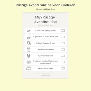 Op de afbeelding: Een lichtbeige schema met de titel "Mijn Rustige Avondroutine". Het schema toont avondactiviteiten met bijbehorende pictogrammen, zoals speelgoed opruimen, baden, pyjama aantrekken, tanden poetsen, naar het toilet gaan, lezen en naar bed gaan.