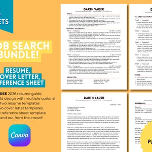 May include: A job search bundle with resume, cover letter, and reference sheet templates. The image shows five sheets with the text "Job Search Bundle!" and "Resume, Cover Letter, Reference Sheet". The design is clean and bold, with multiple options.