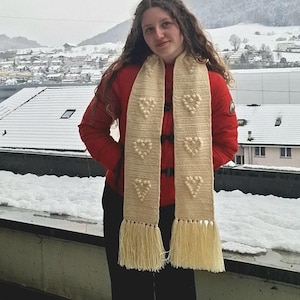 May include: A cream-colored, crocheted scarf with heart-shaped designs and fringe. The scarf is worn over a red jacket and black pants. The background shows a snowy landscape with houses and mountains.