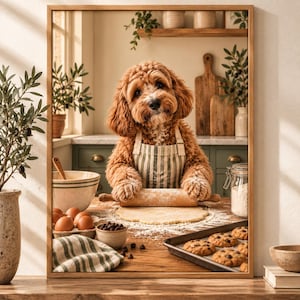 Puede incluir: Un cuadro decorativo con la imagen de un perro marrón de pelaje esponjoso que lleva un delantal a rayas verdes y blancas, apoyado sobre una encimera de madera usando un rodillo para amasar, rodeado de ingredientes como huevos y galletas.