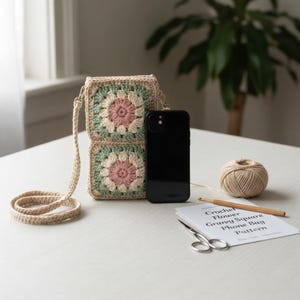 Puede incluir: Bolso de teléfono de ganchillo con diseño de granny square. El bolso presenta un estampado floral en rosa, verde y beige. Un smartphone negro, un ovillo de lana y un ganchillo están junto al bolso. También se ve un patrón.