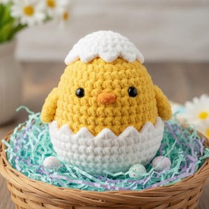 Puede incluir: Un pollito de ganchillo saliendo de una cáscara de huevo blanca y amarilla, en una cesta de mimbre con papel de colores pastel y huevos de Pascua moteados. El pollito amarillo tiene ojos negros y un pico naranja, una encantadora decoración de Pascua.