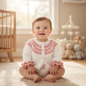 Könnte beinhalten: Ein lächelndes Baby trägt eine weiß-rosa gehäkelte Strickjacke mit Rüschenärmeln und -ausschnitt. Das Baby sitzt auf einem hellen Teppich in einem gut beleuchteten Raum, mit einer Krippe und Spielzeug im Hintergrund.