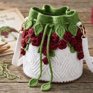 May include: A white crochet drawstring bag with a rose petal design, featuring red roses and green leaves. The bag has a white strap and gold-colored hardware. A pattern book and crochet hooks are visible.