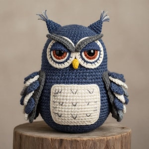 Könnte beinhalten: Eine handgefertigte, blaue Häkel-Eulenfigur mit weißen, grauen und braunen Akzenten. Die Eule hat große, ausdrucksstarke Augen, einen weißen Bauchfleck und detaillierte Flügel. Sie sitzt auf einem Holzstumpf.