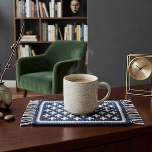 May include: A speckled ceramic mug filled with a warm beverage sits on a blue and white patterned coaster with fringe. A gold-colored clock and framed art piece are on a dark wood surface. A decorative vase and small box are also present.