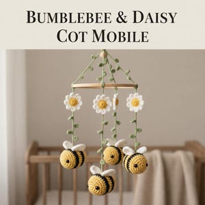 Patrón de móvil de abeja para bebé a crochet – Móvil amigurumi para cuna – Decoración infantil en PDF – Móvil colgante de abejas y flores – Regalo DIY para baby shower