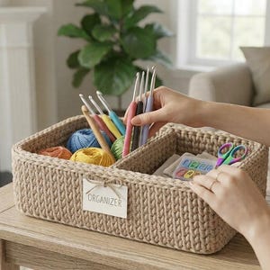 Könnte beinhalten: Ein beigefarbener, gewebter Organizer-Korb mit mehreren Fächern. Der Korb enthält bunte Wollknäuel, Häkelnadeln, Scheren und andere Bastelutensilien. Ein Etikett auf der Vorderseite lautet "ORGANIZER".