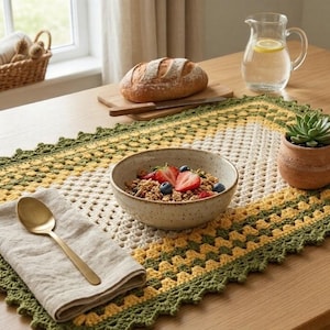 May include: A crocheted table runner with a green and yellow border, set on a wooden table. A bowl of granola with berries, a spoon, and a linen napkin are on the runner. A loaf of bread, a pitcher of water, and a small potted plant are also on the table.