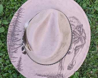 Custom Hand Burned Wolf in Trees: Suede Wide Brim