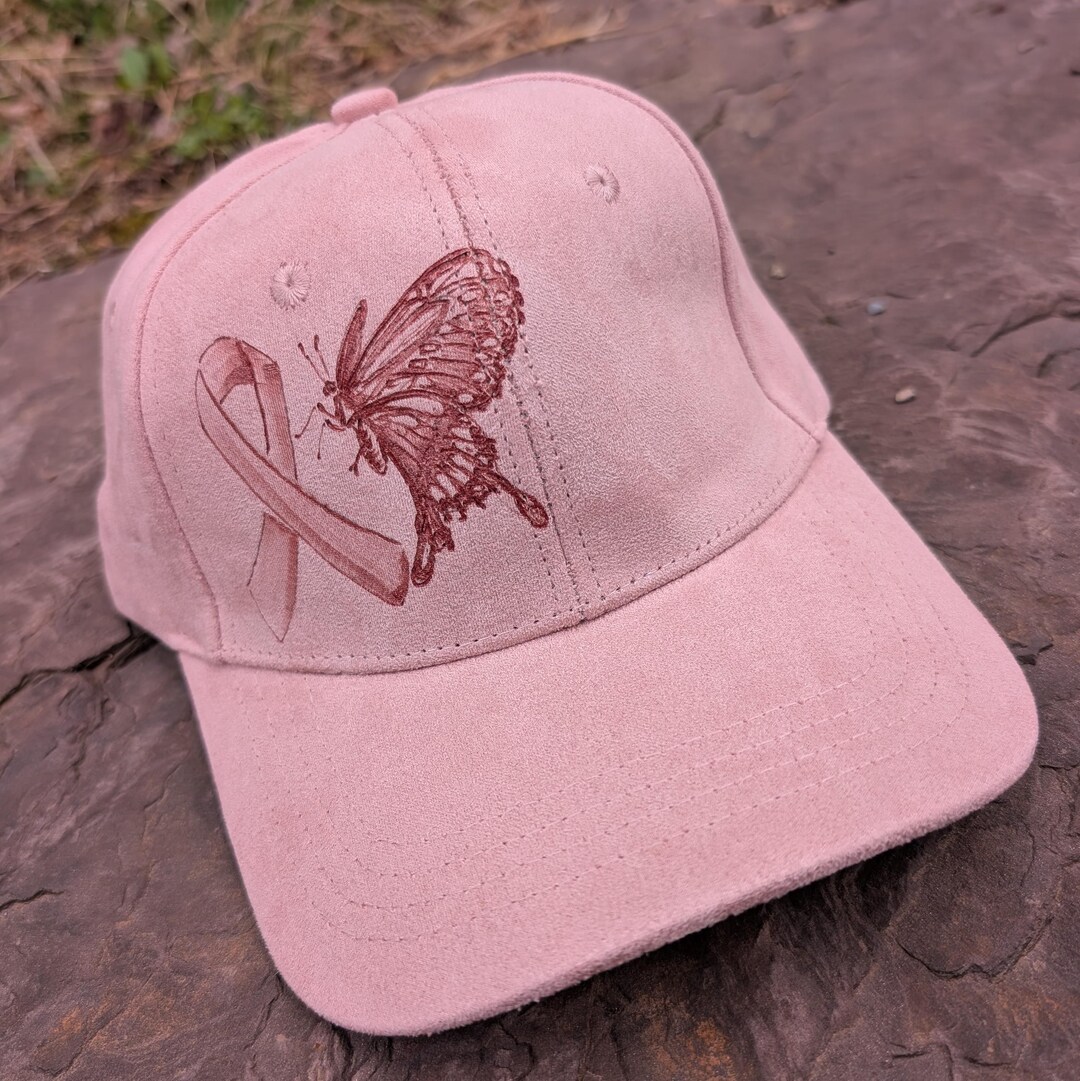 Hand Burned Cancer Ribbon and Butterfly Baseball Cap - Faux Suede ...