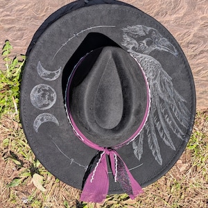 Custom Hand Burned Raven and Triple Moon Hat: Suede Wide Brim