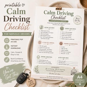 May include: A printable A4 size "Calm Driving Checklist" for nervous drivers. The checklist includes tips for before, during, and after driving, with sections for anxiety and driving conditions. A car key with a "Enjoy the Journey" tag is also visible.