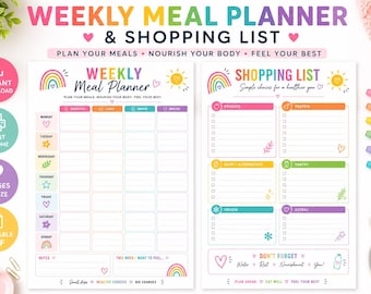 Pianificatore di pasti arcobaleno stampabile in PDF / Agenda settimanale in formato A4 / Lista della spesa / Alimentazione sana