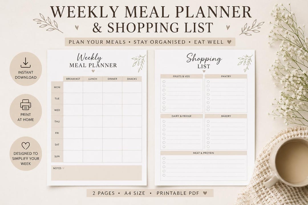 Minimalist Meal Planner Printable PDF | Weekly Planner A4 | Grocery ...