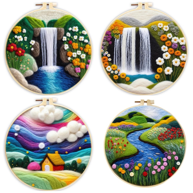 Handmade Felt Landscape Wall Art Set, Embroidery Hoop Nature Decor ...