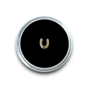 May include: A small, gold-colored horseshoe-shaped charm, displayed on a black velvet surface within a clear, round container. The horseshoe is detailed with small, circular embellishments. The container has a silver-colored rim.