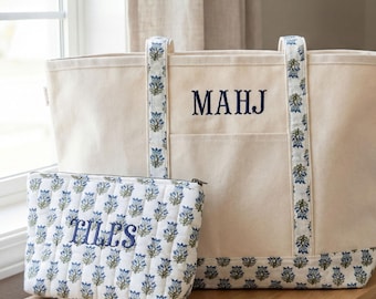 XL Mahjong Tote Bag | Embroidered Canvas Zip Tote | Optional TILES Pouch