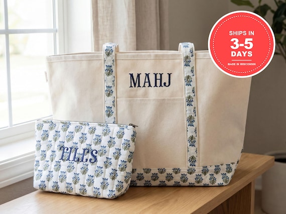 XL Mahjong Tote Bag for Tile Storage | Embroidered Canvas Zip Tote, Tile Pouch Optional | Mah Jongg Bag | Game Night Gift for Mom
