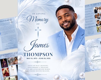 Puede incluir: Una plantilla de programa funerario con fondo azul claro, plumas blancas y perlas. El texto dice In Loving Memory of James Thompson, May 15, 1973 – June 28, 2025, con la foto de un hombre sonriente con blazer azul y camisa blanca.