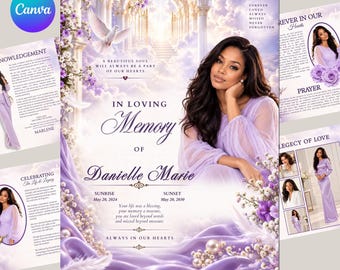 Puede incluir: Una plantilla de programa funerario conmemorativo con el retrato de una mujer con vestido lavanda, rodeado de flores moradas, perlas blancas y una paloma. El texto dice In Loving Memory of Danielle Marie, Sunrise May 20, 2024, Sunset May 20, 2030.