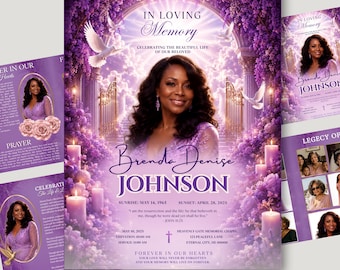Puede incluir: Una plantilla de programa funerario con el retrato de una mujer en vestido morado, rodeada de flores moradas, palomas blancas y velas encendidas. El texto dice In Loving Memory, Brenda Denise Johnson, e incluye detalles del servicio.