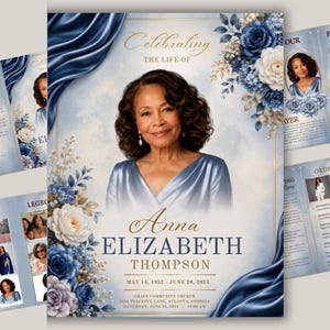 May include: A funeral program template featuring a portrait of a woman in a blue dress, adorned with navy and white floral arrangements and draped blue fabric. The text reads Celebrating the Life of Anna Elizabeth Thompson, May 14, 1952 - June 20, 2024.