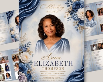 Puede incluir: Una plantilla de programa funerario con el retrato de una mujer con vestido azul, adornada con arreglos florales azul marino y blancos y tela azul drapeada. El texto dice Celebrating the Life of Anna Elizabeth Thompson, 14 de mayo de 1952 - 20 de junio de 2024.