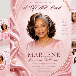 Può includere: Un modello di programma funebre con il ritratto di una donna dai capelli scuri con riflessi argentati, che indossa un abito rosa e gioielli di perle. Il design include raso rosa, fili di perle e il testo: Celebrating the Life of A Life Well Lived, Marlene Jasmine Williams, March 12, 1960 - May 22, 2025, Forever in Our Hearts.